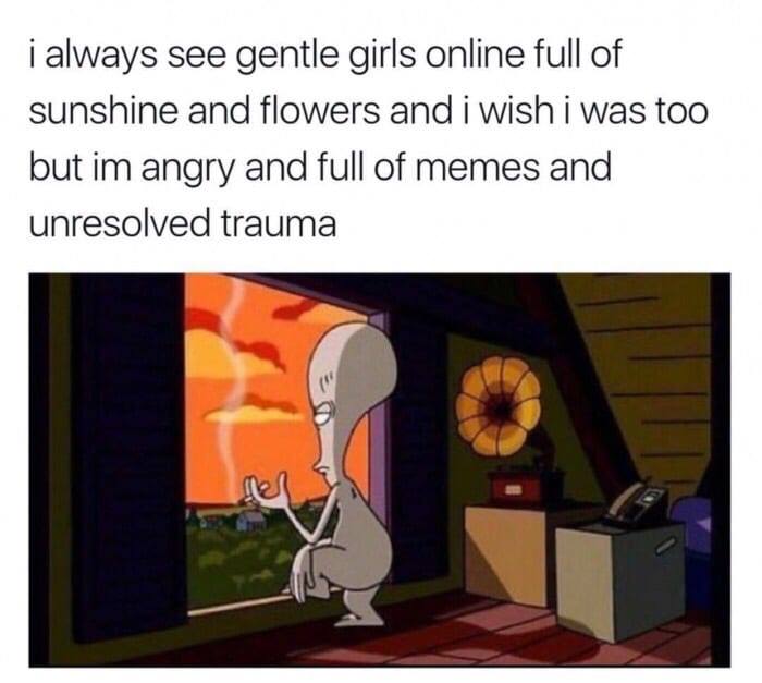 trauma memes - i always see gentle girls online full of sunshine and flowers and i wish i was too but im angry and full of memes and unresolved trauma