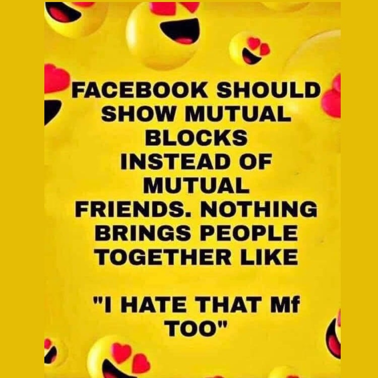 smiley - Facebook Should Show Mutual Blocks Instead Of Mutual Friends. Nothing Brings People Together "I Hate That Mf Too"