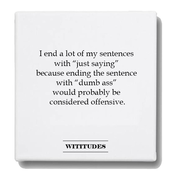 my hobbies include putting on my pajamas - I end a lot of my sentences with just saying" because ending the sentence with "dumb ass would probably be considered offensive. Wititudes