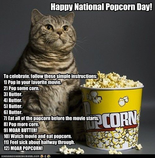 national popcorn day meme - Happy National Popcorn Day! To celebrate, these simple instructions 1 Pop in your favorite movie. 21 Pop some corn. 3 Butter. 4 Butter 5 Butter. 6 Butter. 71 Eat all of the popcorn before the movie starts. 8 Pop more corn. 9 Mo