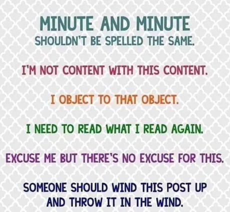 complicated is the english language - Minute And Minute Shouldn'T Be Spelled The Same. I'M Not Content With This Content. I Object To That Object. I Need To Read What I Read Again. Excuse Me But There'S No Excuse For This. Someone Should Wind This Post Up