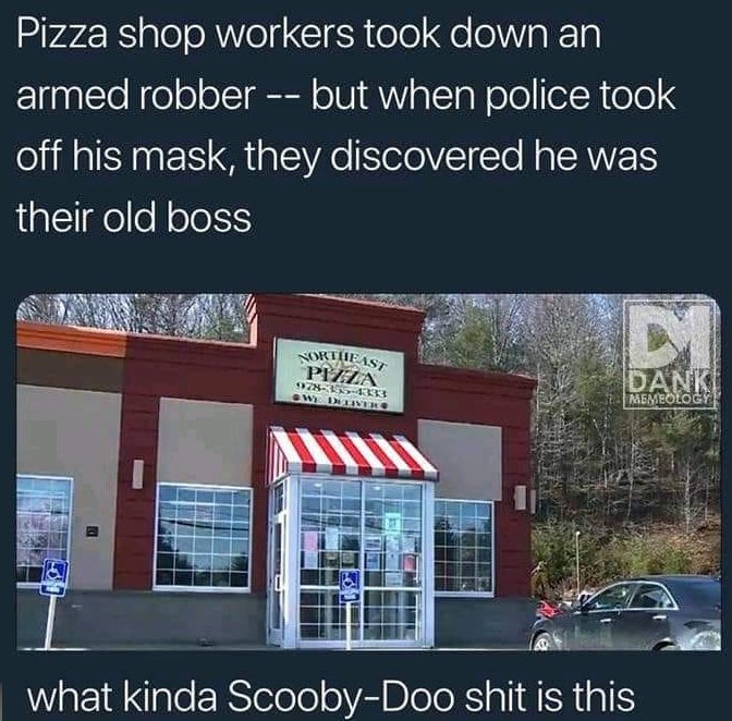 pizza shop workers take down armed robber - Pizza shop workers took down an armed robber but when police took off his mask, they discovered he was their old boss Sorumleas Pizza 9978 33 Wur Vike Memeology U what kinda ScoobyDoo shit is this