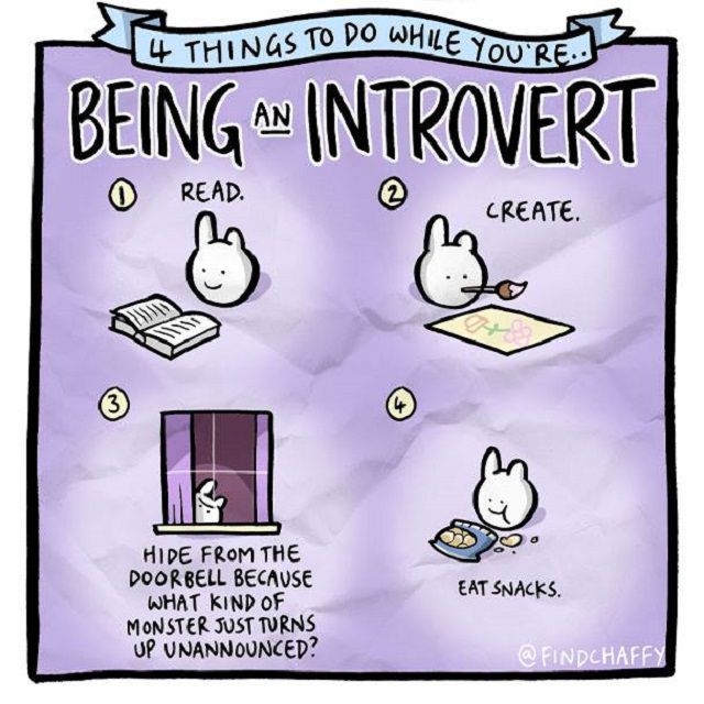 introvert funny memes - 4 Things To Do Who You'Re Being Introvert O Read Create. By Create Eat Snacks. Hide From The Doorbell Because What Kind Of Monster Just Turns Up Unannounced?