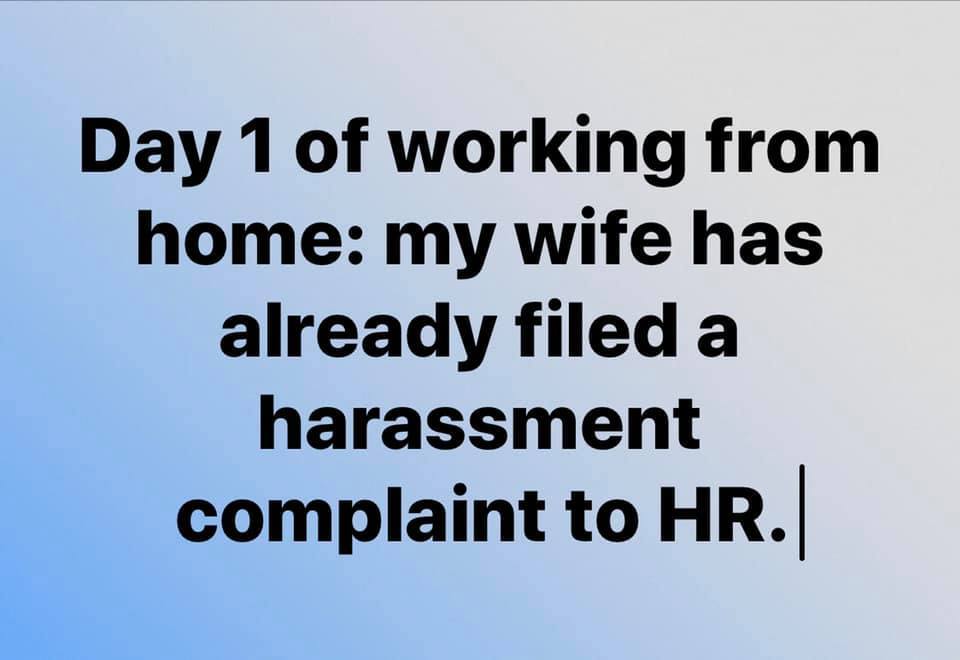 Day 1 of working from home my wife has already filed a harassment complaint to HR.