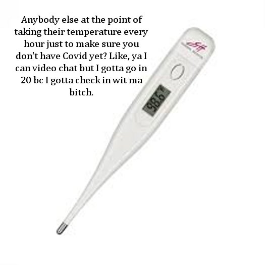 measuring instrument - Anybody else at the point of taking their temperature every hour just to make sure you don't have Covid yet? , ya I can video chat but I gotta go in 20 bc I gotta check in wit ma bitch. 986
