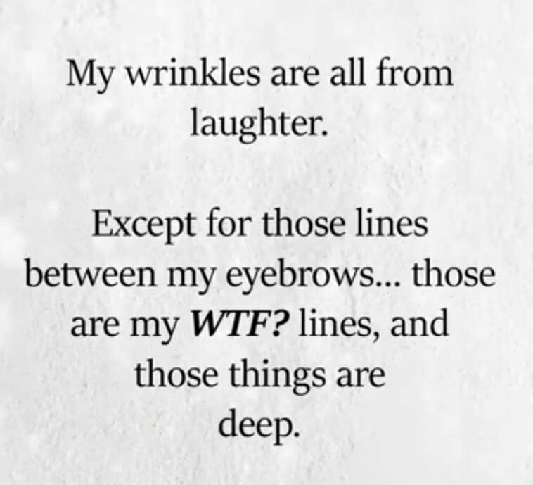 quotes - My wrinkles are all from laughter. Except for those lines between my eyebrows... those are my Wtf? lines, and those things are deep.
