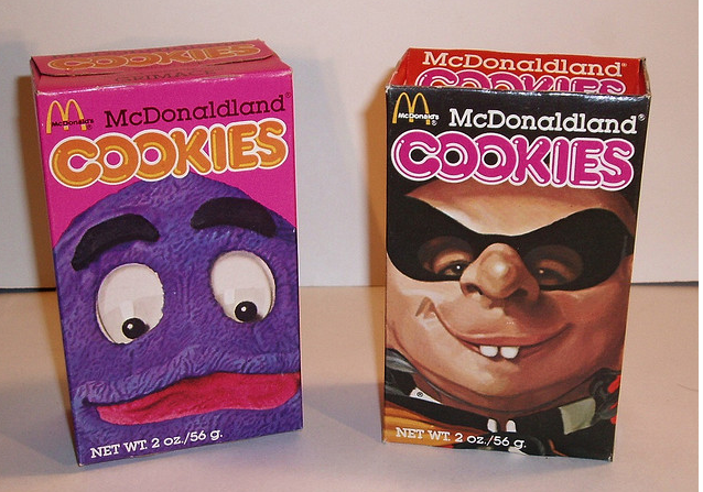 mcdonald's mdconaldland cookies from the 80s - hamburglar and grimace on the cookie boxes