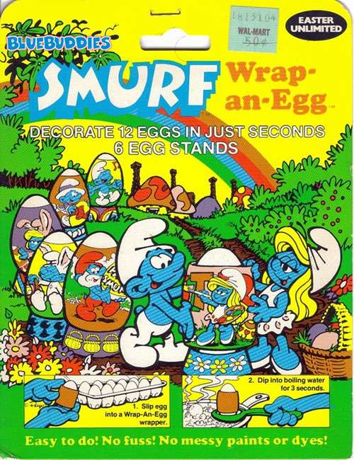 1980s easter - 1813104 WalMart 50 Easter Unlimited Bluebuddies Smurf Wrap Wrap anEgg Decorate 12 Eggs In Just Seconds 6 Egg Stands memprom 2 Pri 2. Dip into boiling water for 3 seconds. 1. Slip egg into a WrapAnEgg wrapper. Easy to do! No fuss! No messy p