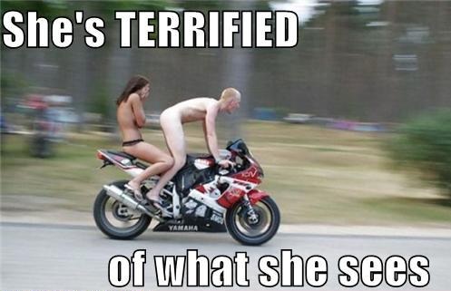 funny girl on motorcycle - She's Terrified of what she sees