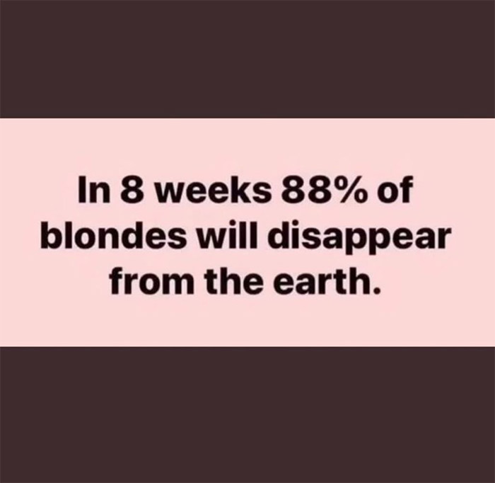 blondes disappear meme - In 8 weeks 88% of blondes will disappear from the earth.