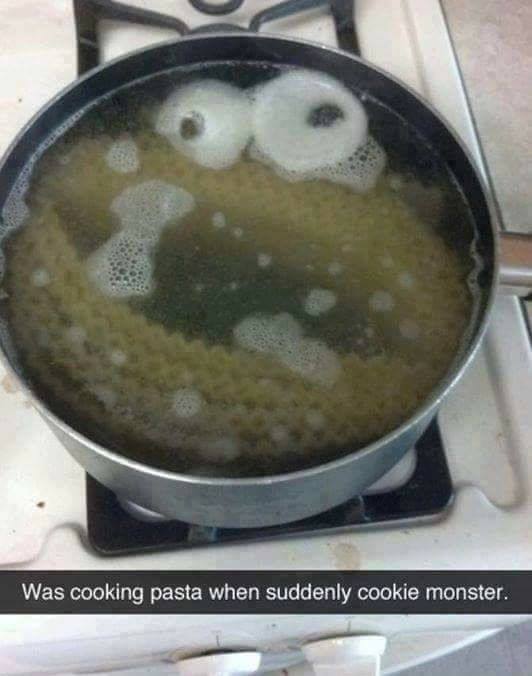 things that look like other things - Was cooking pasta when suddenly cookie monster.