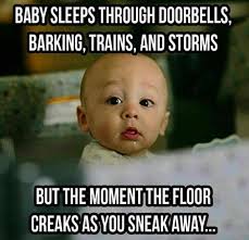 mom memes funny - Baby Sleeps Through Doorbells, Barking, Trains, And Storms But The Moment The Floor Creaks As You Sneak Away...