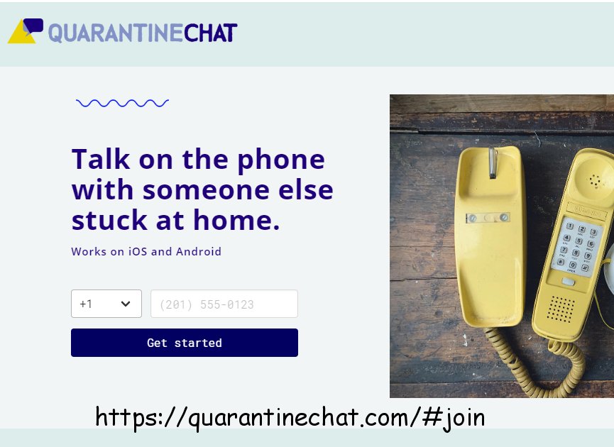 quarantine chat - Quarantinechat m . Talk on the phone with someone else stuck at home. Works on iOS and Android 1 201 5550123 Get started