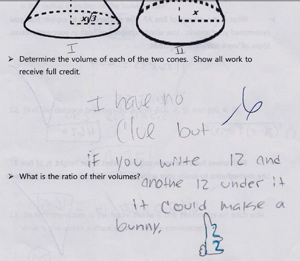 funny exam answers - X x3 I > Determine the volume of each of the two cones. Show all work to receive full credit 6 I have no Clue but if you write 12 and "Anothe 12 under it It could make a bunny, What is the ratio of their volumes? 2.
