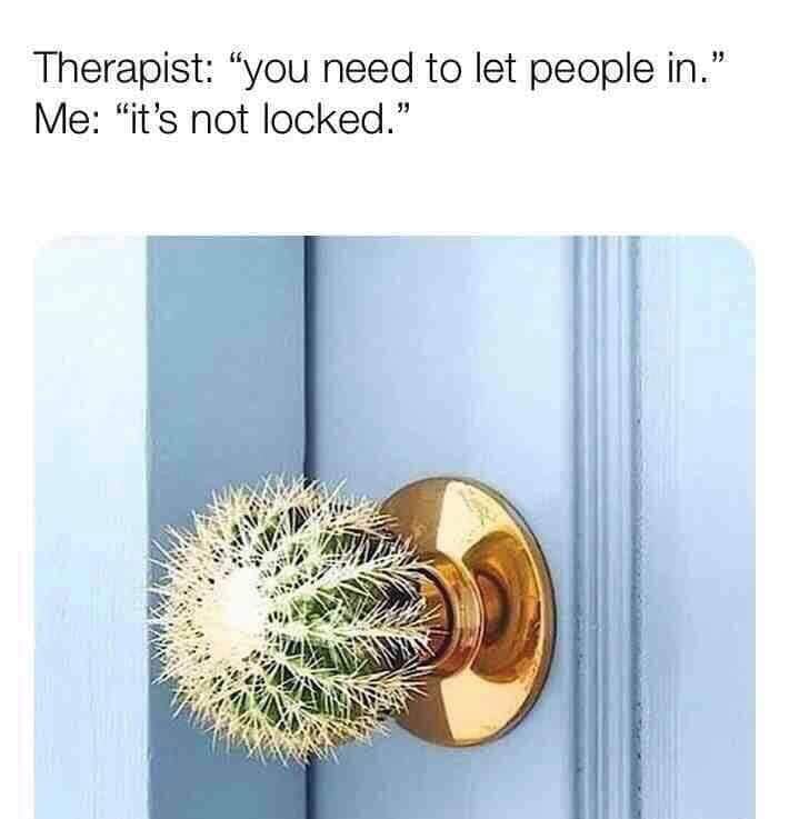 therapist you need to let people - Therapist "you need to let people in." Me "it's not locked."