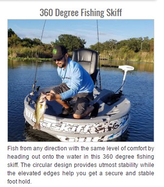 boat - 360 Degree Fishing Skiff Eskafest Fish from any direction with the same level of comfort by heading out onto the water in this 360 degree fishing skiff. The circular design provides utmost stability while the elevated edges help you get a secure an