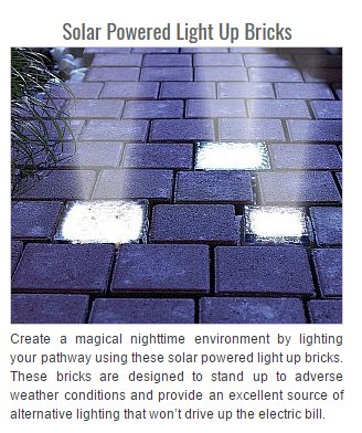 Solar Powered Light Up Bricks Create a magical nighttime environment by lighting your pathway using these solar powered light up bricks. These bricks are designed to stand up to adverse weather conditions and provide an excellent source of alternative…