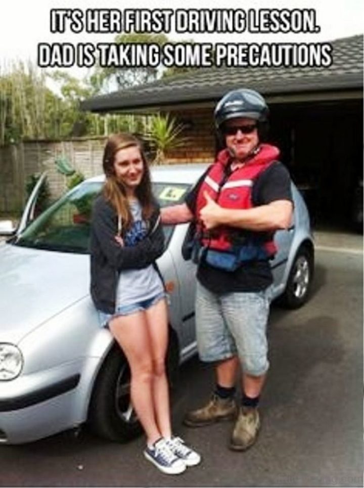 first driving lesson meme - It'S Her First Driving Lesson. Dad Is Taking Some Precautions