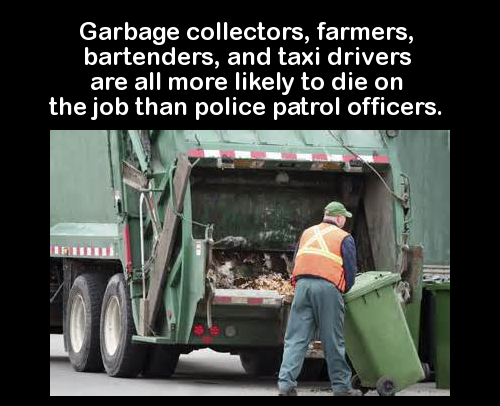 garbage collection - Garbage collectors, farmers, bartenders, and taxi drivers are all more ly to die on the job than police patrol officers.