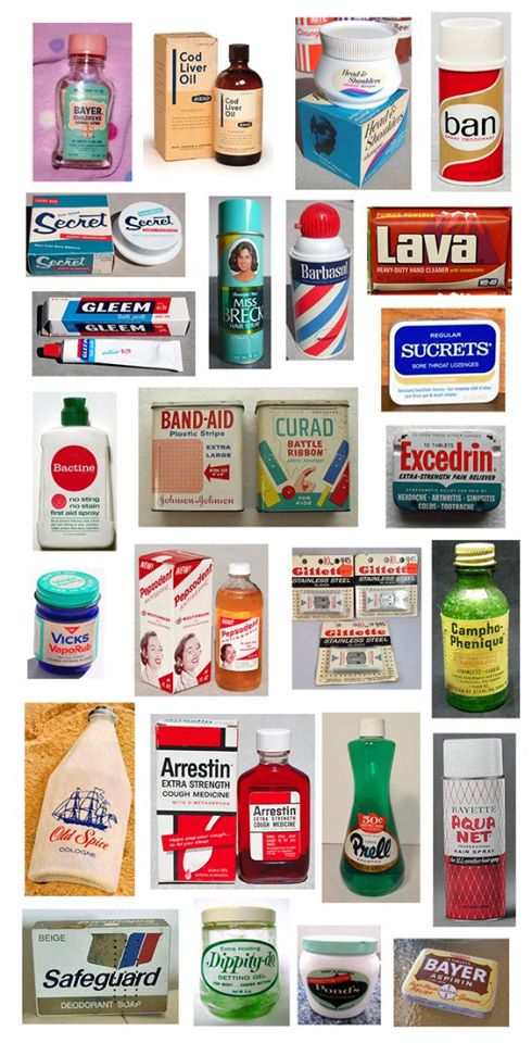 1960s products - 14 Cod Liver Oil Cod Bayer Bb ver Ow ban Secret Secret Lava Secret Barbase Heavy Duty Hand Cleaner Miss Gleem Clem Brec Regular Gere Sucrets Somma Lorings BandAid Curad Plastic pe Extra Large Battle Ribbon Excedrin Baotine CitraArvoin Min