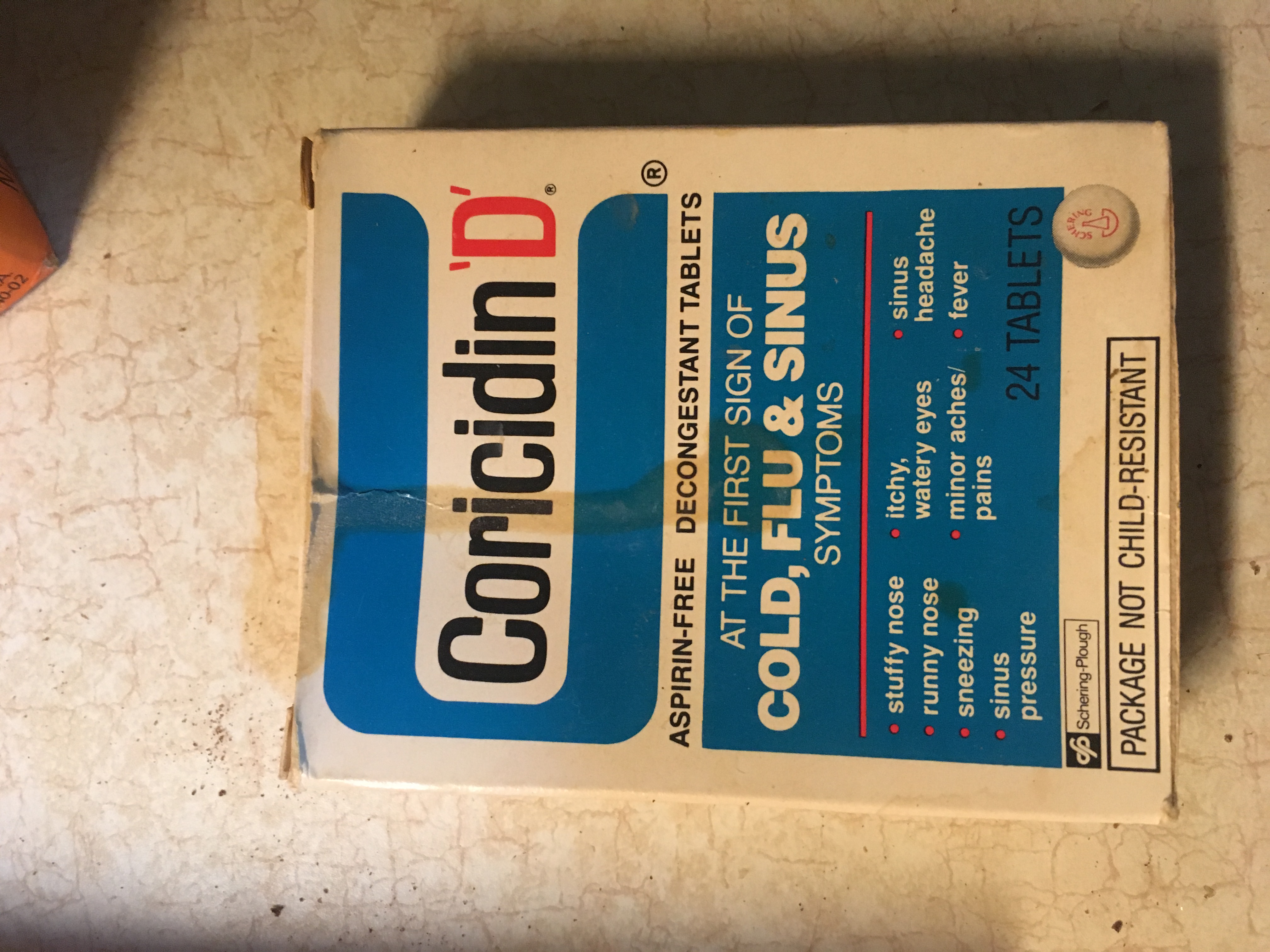 electronics - Coricidin D AspirinFree Decongestant Tablets At The First Sign Of Cold, Flu & Sinus Symptoms stuffy nose runny nose sneezing sinus pressure itchy, sinus watery eyes headache minor aches fever pains 24 Tablets 9 Schering Plough Package Not Ch