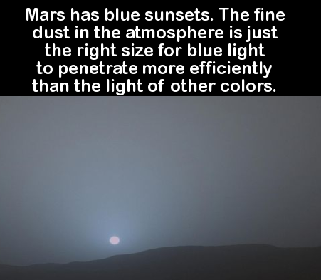 atmosphere - Mars has blue sunsets. The fine dust in the atmosphere is just the right size for blue light to penetrate more efficiently than the light of other colors.