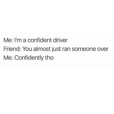 Me I'm a confident driver Friend You almost just ran someone over Me Confidently tho