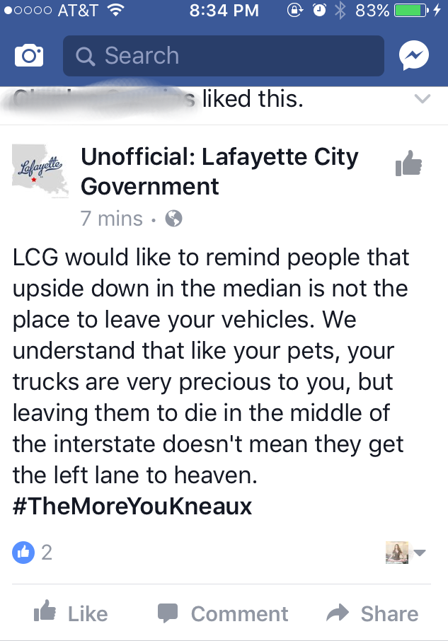 screenshot - .0000 At&T 83% O Q Search s d this. Pelaget, Unofficial Lafayette City Government 7 mins Lcg would to remind people that upside down in the median is not the place to leave your vehicles. We understand that your pets, your trucks are very pre