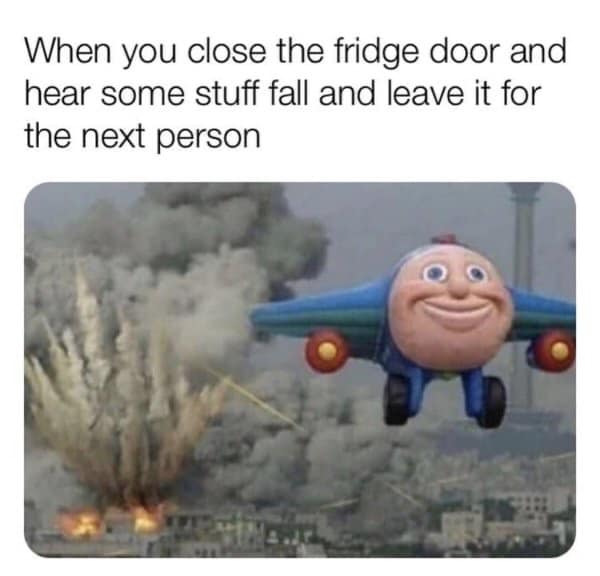 you close the fridge door and hear some stuff fall - When you close the fridge door and hear some stuff fall and leave it for the next person