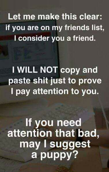 dont do friendship - Let me make this clear if you are on my friends list, I consider you a friend. I Will Not copy and paste shit just to prove I pay attention to you. If you need attention that bad, may I suggest a puppy?