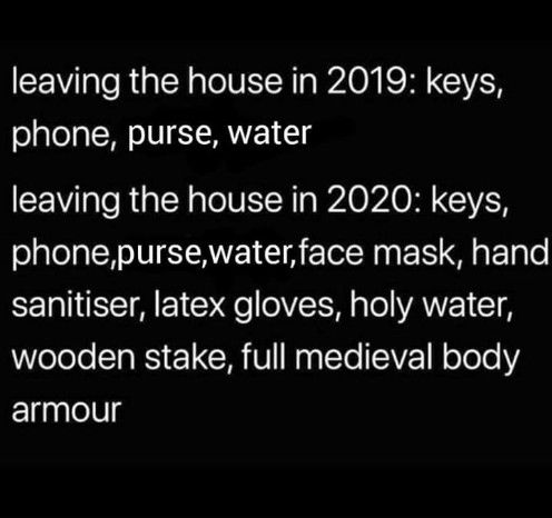 lyrics - leaving the house in 2019 keys, phone, purse, water leaving the house in 2020 keys, phone,purse, water,face mask, hand sanitiser, latex gloves, holy water, wooden stake, full medieval body armour