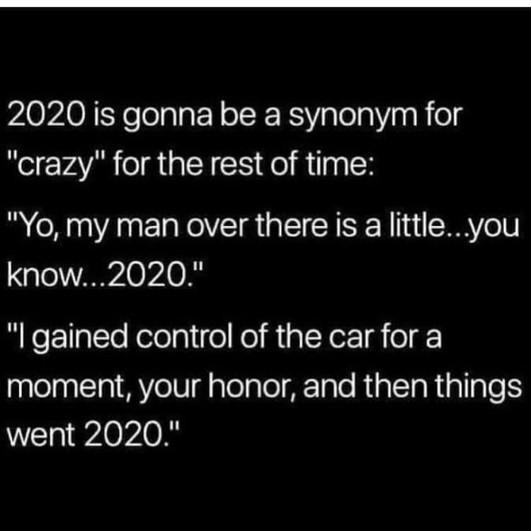 Jacques Parizeau - 2020 is gonna be a synonym for "crazy" for the rest of time "Yo, my man over there is a little...you know...2020." "I gained control of the car for a moment, your honor, and then things went 2020."