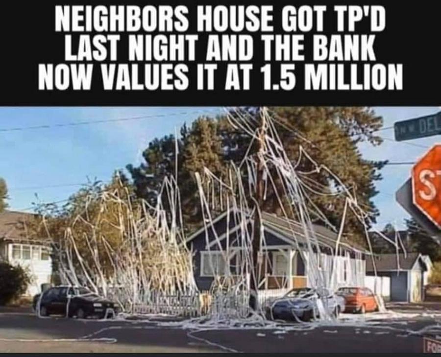 tp house meme coronavirus - Neighbors House Got Tp'D Last Night And The Bank Now Values It At 1.5 Million Del Is For