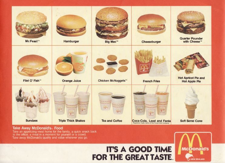 mcdonald's menu board 1980s - Mc Feast Hamburger Big Mac Cheeseburger Quarter Pounder with Cheese Filet O' Fish Orange Juice Chicken McNuggets French Fries Hot Apricot Pie and Hot Apple Ple F Tea and Coffee CocaCola, Leed and Fanta Soft Serve Cone Sundaes