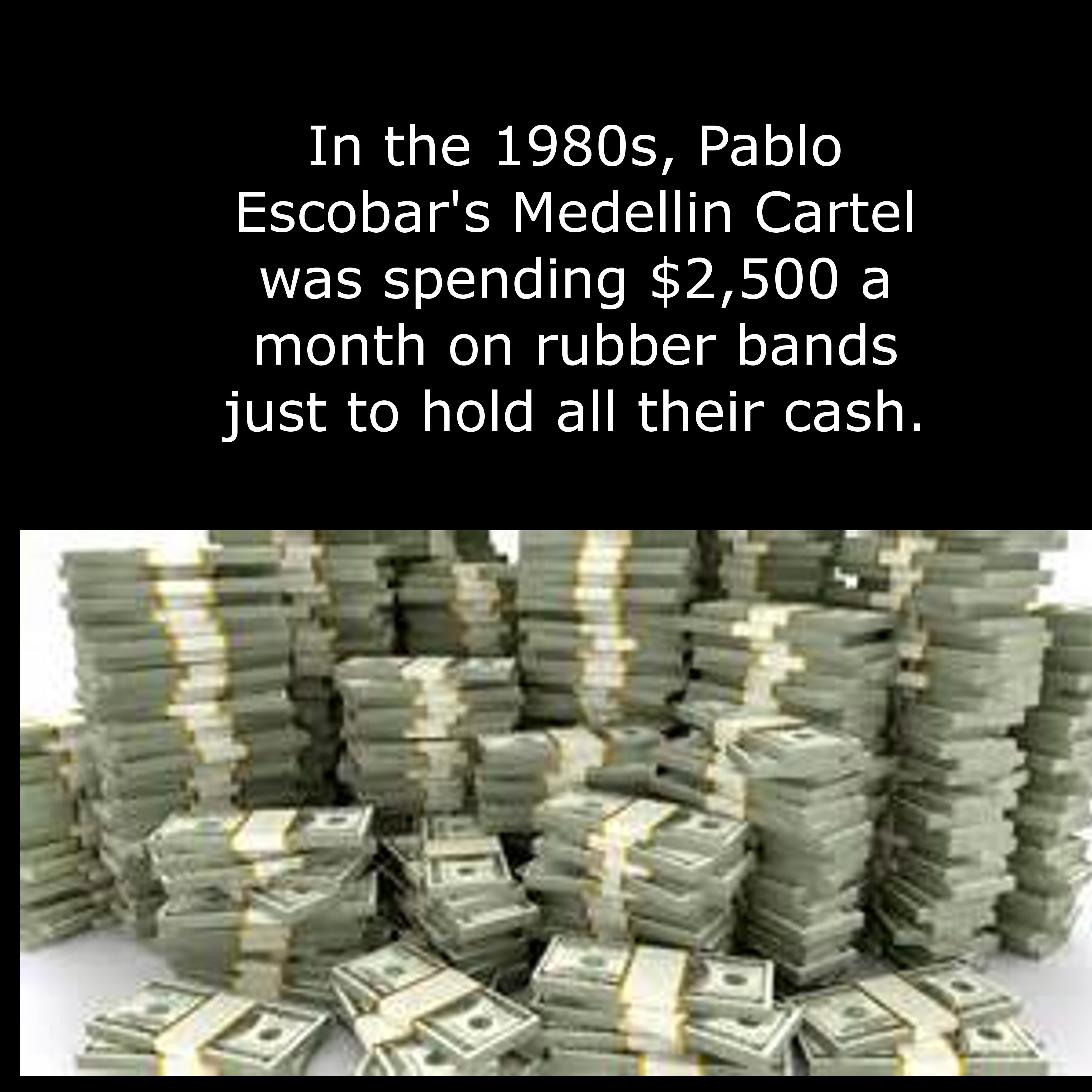 stacks of money - In the 1980s, Pablo Escobar's Medellin Cartel was spending $2,500 a month on rubber bands just to hold all their cash.