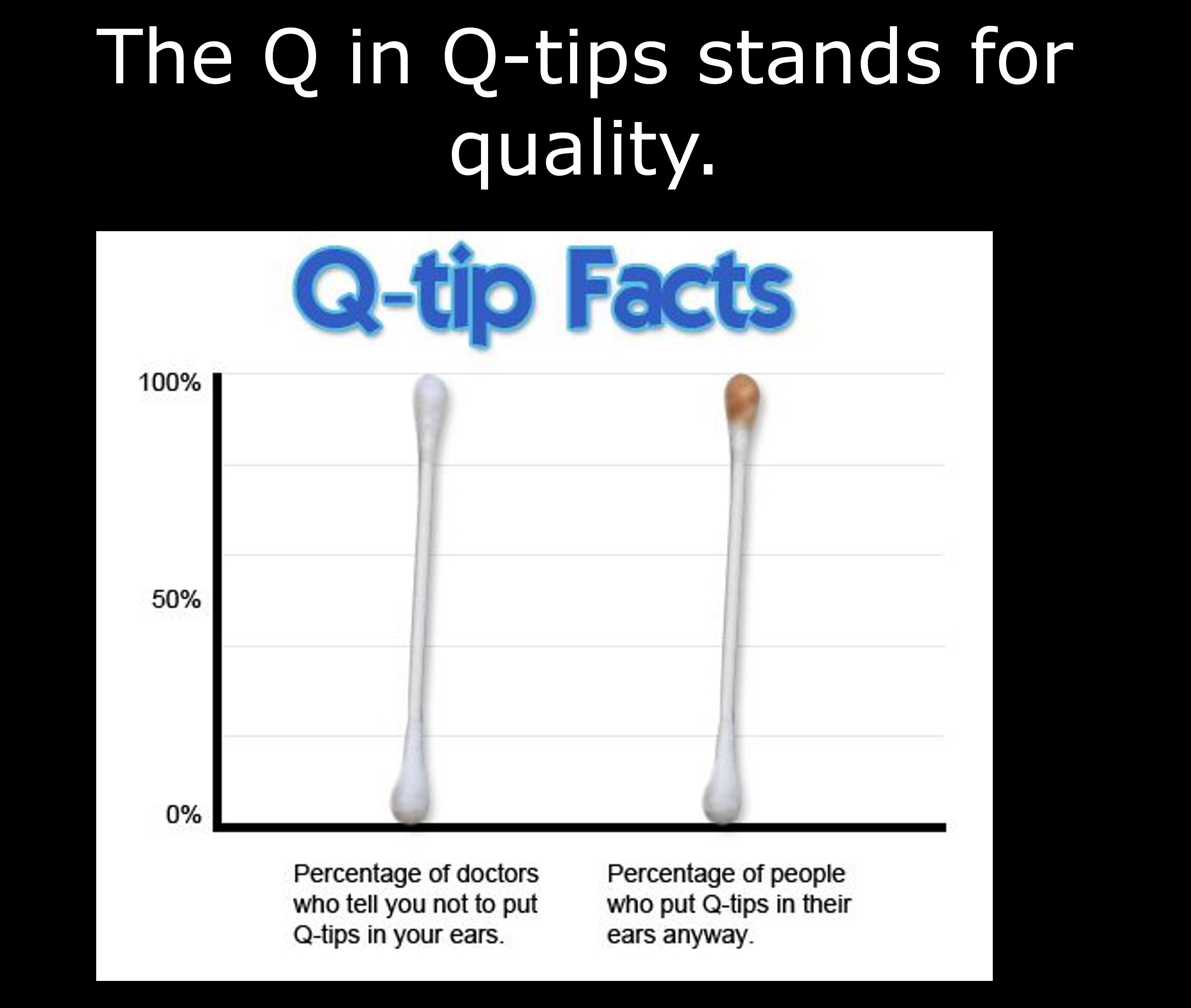 heckscher museum of art - The Q in Qtips stands for quality. Qtip Facts 100% 50% 0% Percentage of doctors who tell you not to put Qtips in your ears. Percentage of people who put Qtips in their ears anyway.