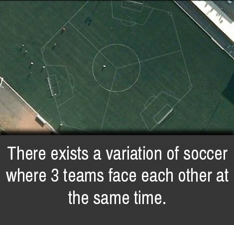 sport venue - There exists a variation of soccer where 3 teams face each other at the same time.