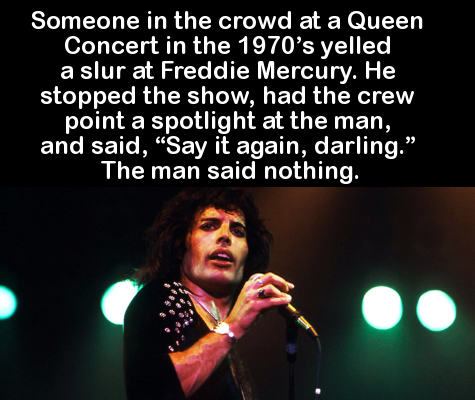 song - Someone in the crowd at a Queen Concert in the 1970's yelled a slur at Freddie Mercury. He stopped the show, had the crew point a spotlight at the man, and said, Say it again, darling." The man said nothing.