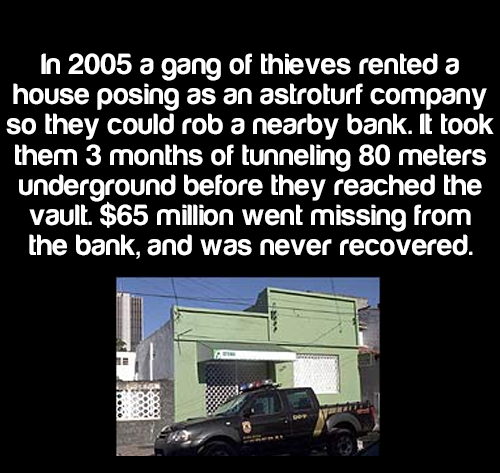 angle - In 2005 a gang of thieves rented a house posing as an astroturf company so they could rob a nearby bank. It took them 3 months of tunneling 80 meters underground before they reached the vault. $65 million went missing from the bank, and was never…