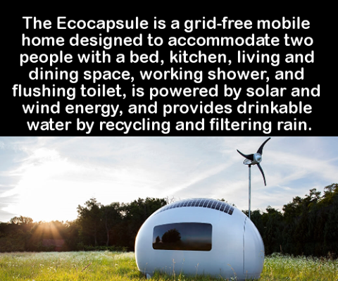 sky - The Ecocapsule is a gridfree mobile home designed to accommodate two people with a bed, kitchen, living and dining space, working shower, and flushing toilet, is powered by solar and wind energy, and provides drinkable water by recycling and filteri