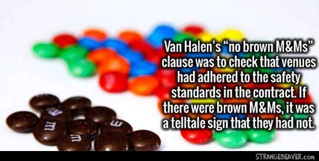 cool random facts - Van Halen's "no brown M&Ms" clause was to check that venues had adhered to the safety standards in the contract. If there were brown M&Ms, it was a telltale sign that they had not. w W Strangebeaver.com