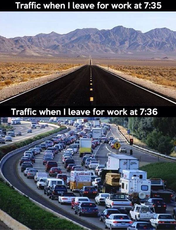 Traffic when I leave for work at 7:35 Traffic when I leave for work at 7:36