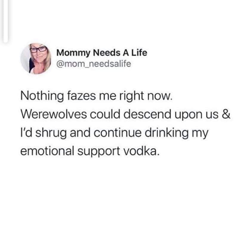 yeah sex is cool but have you ever - Mommy Needs A Life Nothing fazes me right now. Werewolves could descend upon us & I'd shrug and continue drinking my emotional support vodka.