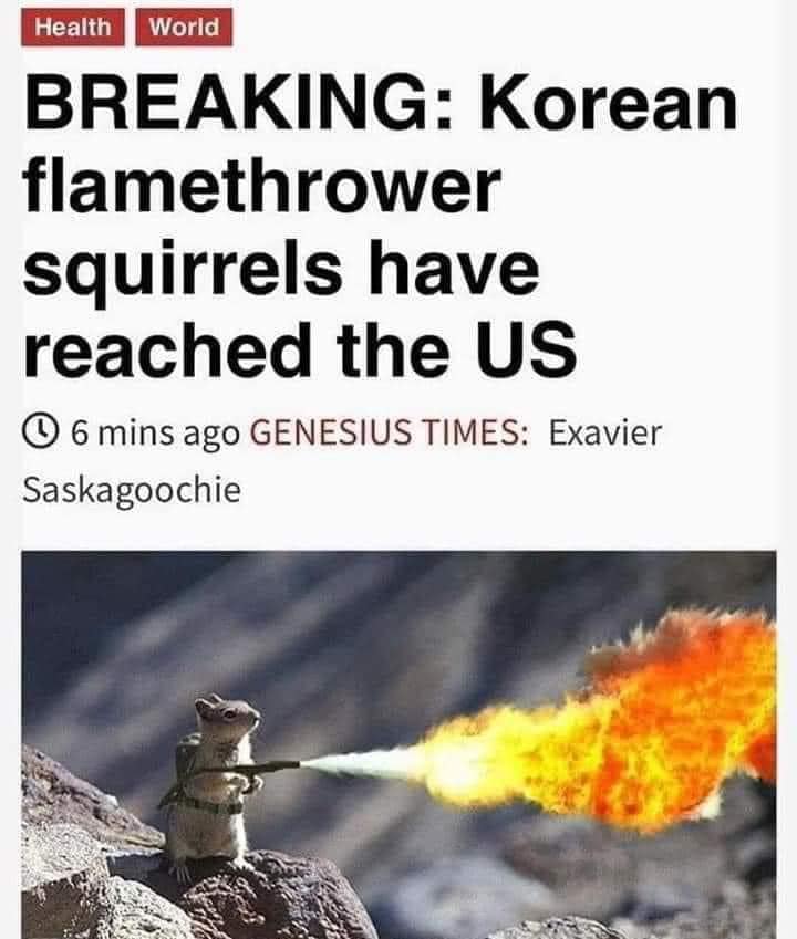 korean flamethrower squirrels - Health World Breaking Korean flamethrower squirrels have reached the Us 0 6 mins ago Genesius Times Exavier Saskagoochie