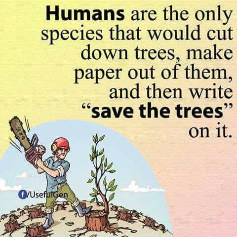 humans cut down trees - 225 Humans are the only species that would cut down trees, make paper out of them, and then write save the trees on it. CUsefulgen