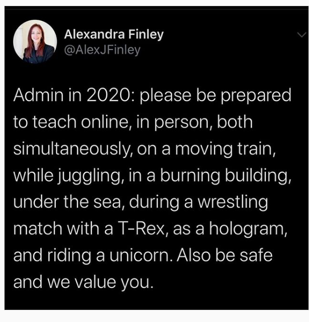 angle - Alexandra Finley Admin in 2020 please be prepared to teach online, in person, both simultaneously, on a moving train, while juggling, in a burning building, under the sea, during a wrestling match with a TRex, as a hologram, and riding a unicorn. 