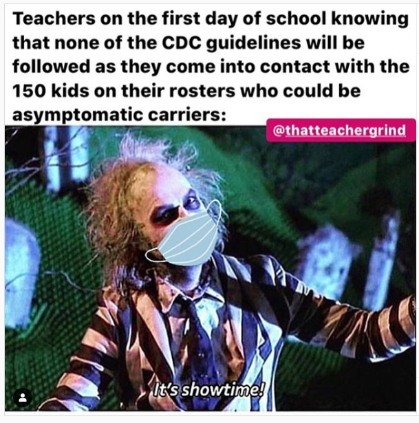beetlejuice cast - Teachers on the first day of school knowing that none of the Cdc guidelines will be ed as they come into contact with the 150 kids on their rosters who could be asymptomatic carriers it's showtime!