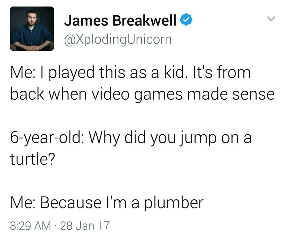 wyoming mn memes - James Breakwell Me I played this as a kid. It's from back when video games made sense 6yearold Why did you jump on a turtle? Me Because I'm a plumber 28 Jan 17