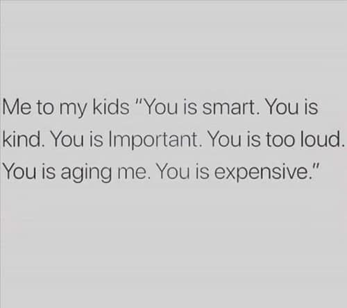 document - Me to my kids "You is smart. You is kind. You is Important. You is too loud. You is aging me. You is expensive."