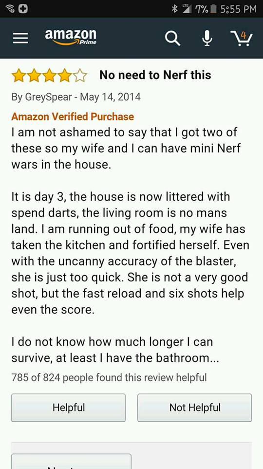screenshot - 27% amazon Prime Q Y No need to Nerf this By GreySpear Amazon Verified Purchase I am not ashamed to say that I got two of these so my wife and I can have mini Nerf wars in the house. It is day 3, the house is now littered with spend darts, th
